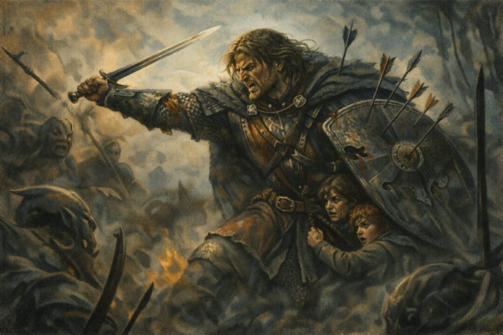 Boromir defending hobbits