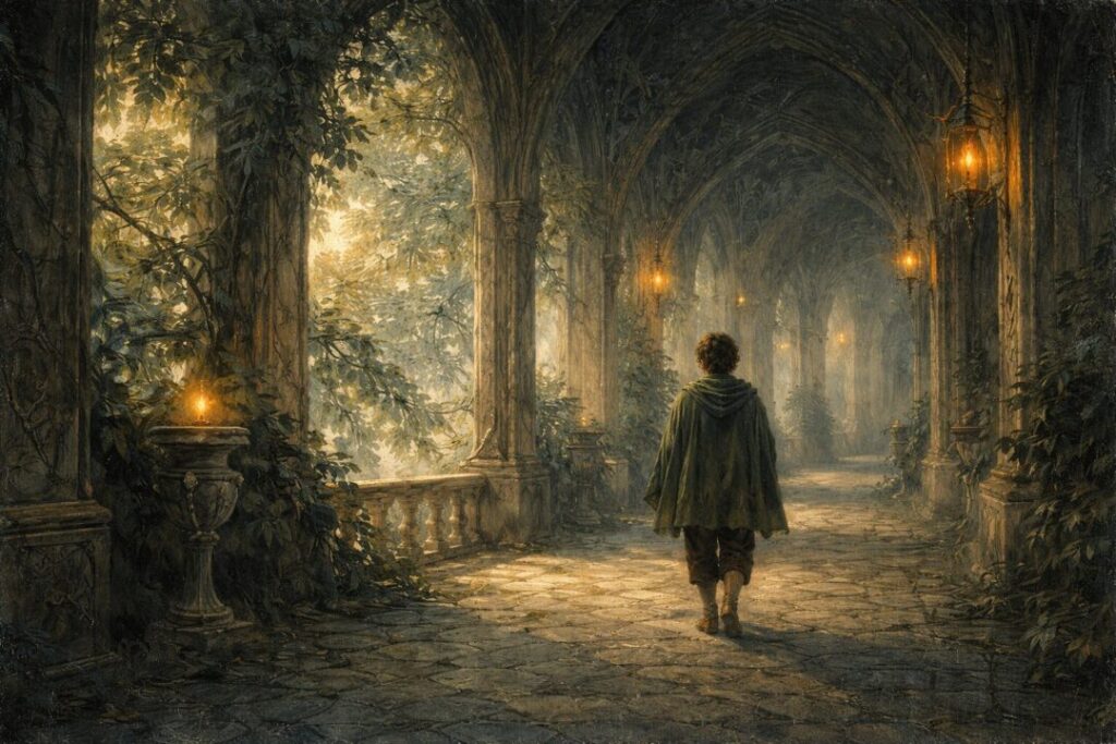 Frodo walking through a mystical corridor.
