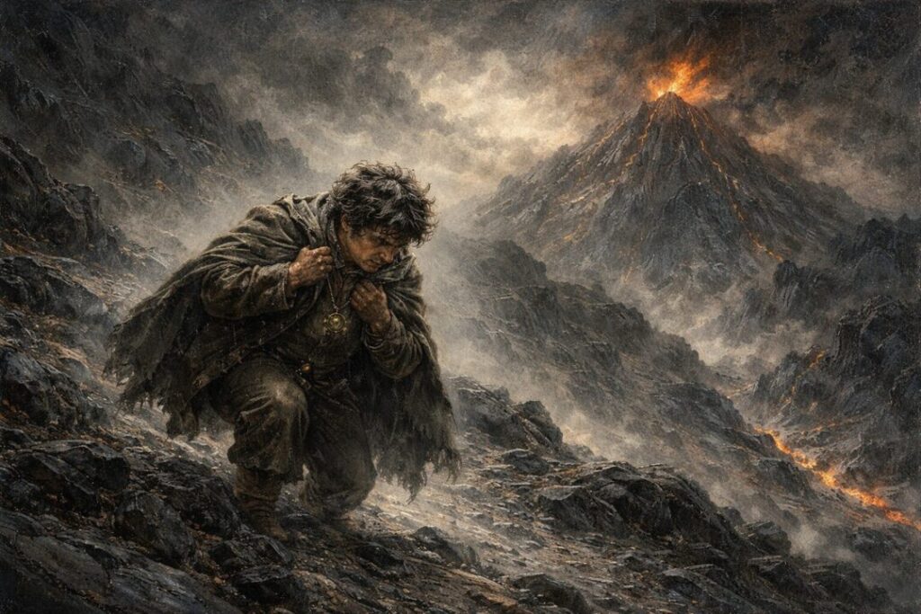 Frodo taking the ring to Mount Doom
