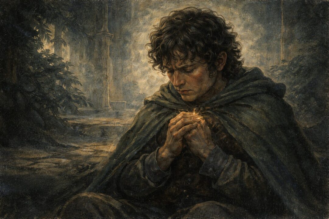 Character holding a glowing object.