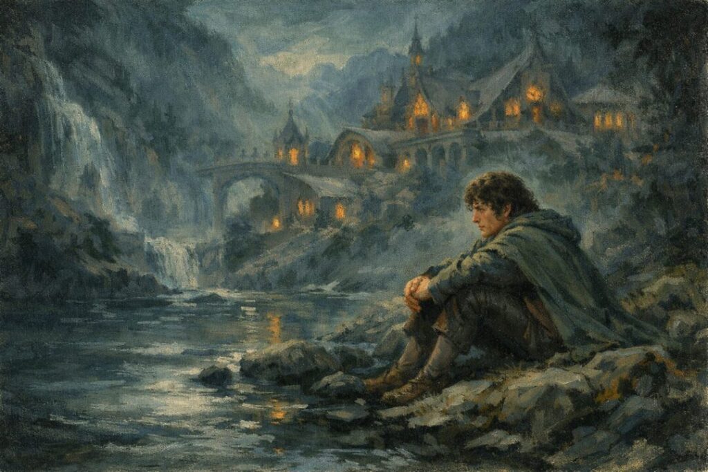 Pensive figure by a tranquil river.