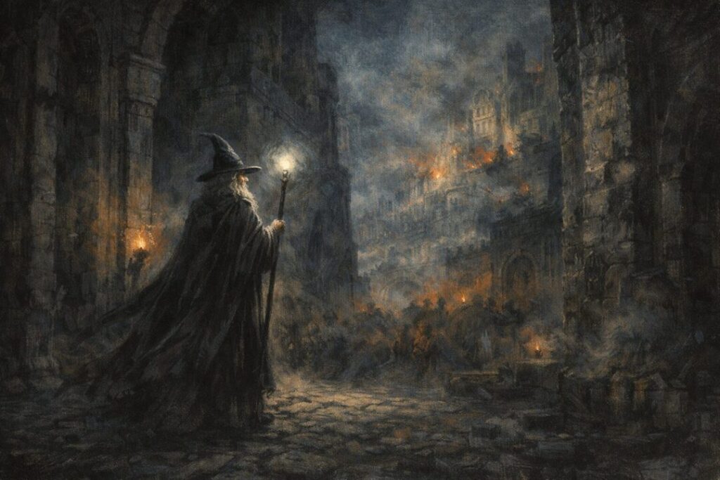 Gandalf stands against a fiery siege.