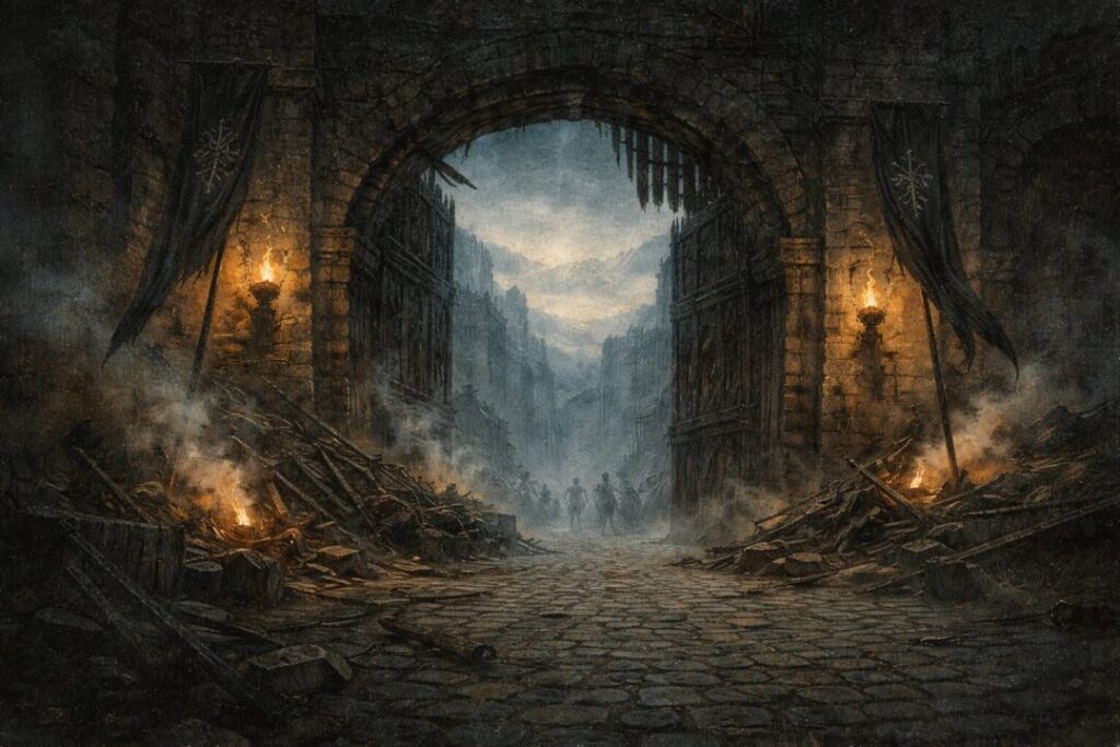 Dark, ominous gate with approaching figures.