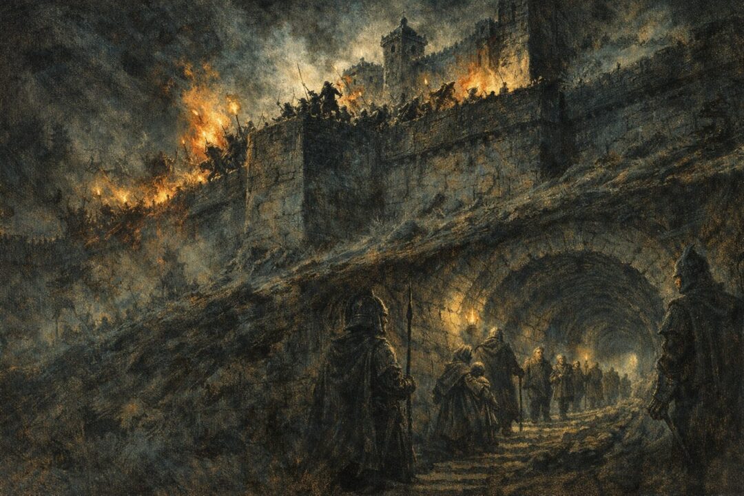 Evacuation beneath a besieged fortress.