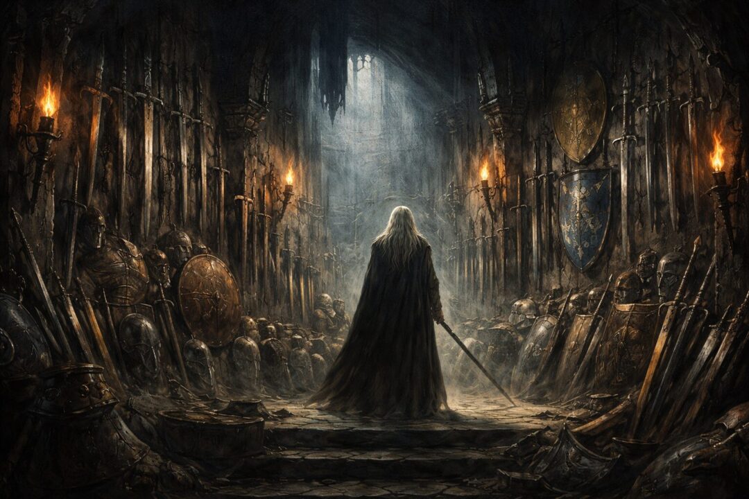 Dark cavern filled with ancient armor.