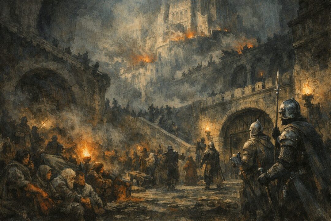 Epic siege at Minas Tirith fortress.