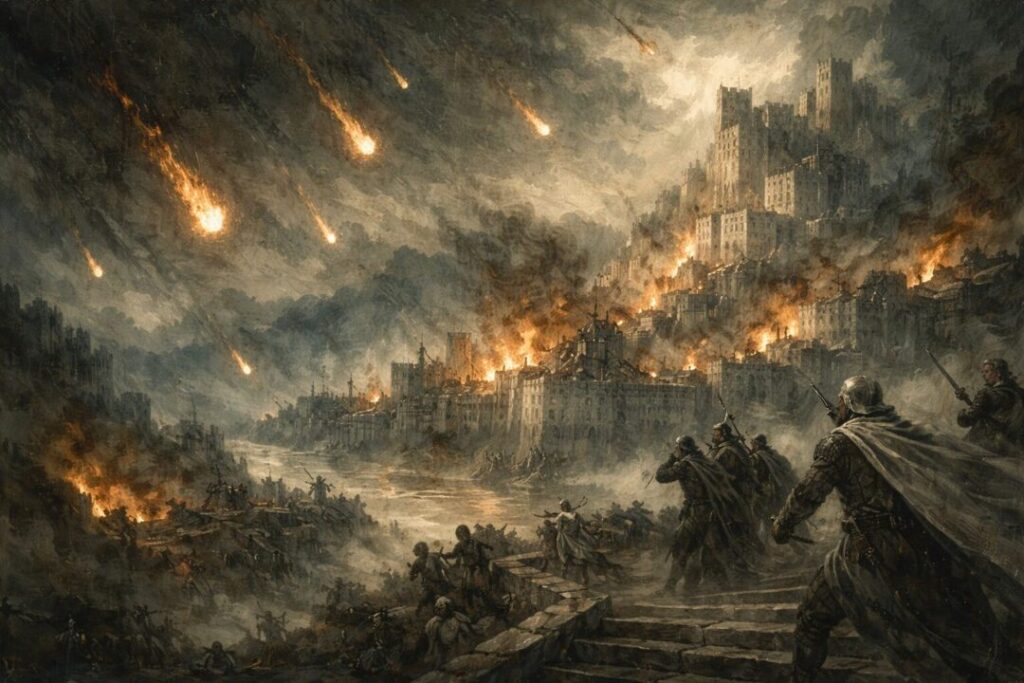 Epic battle with fiery meteors falling.