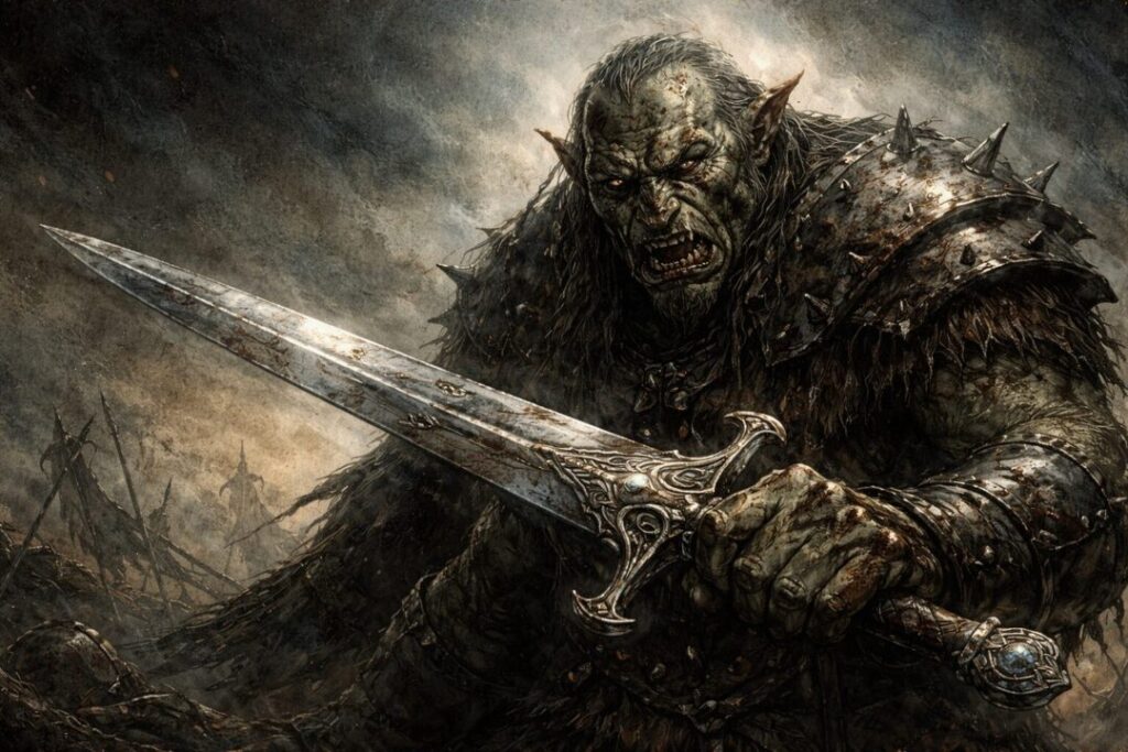 Orc holding a majestic elven sword.