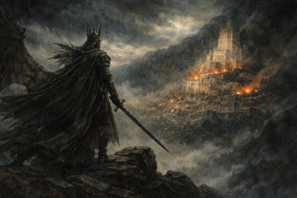 Dark figure overlooking burning city