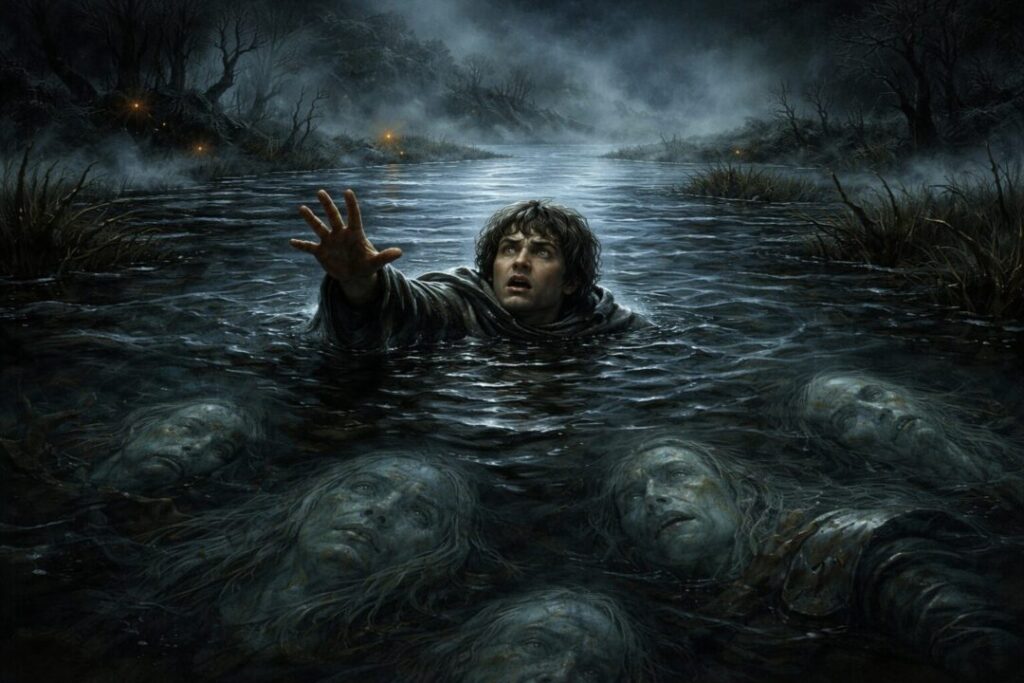 Dead marshes Frodo falls into water