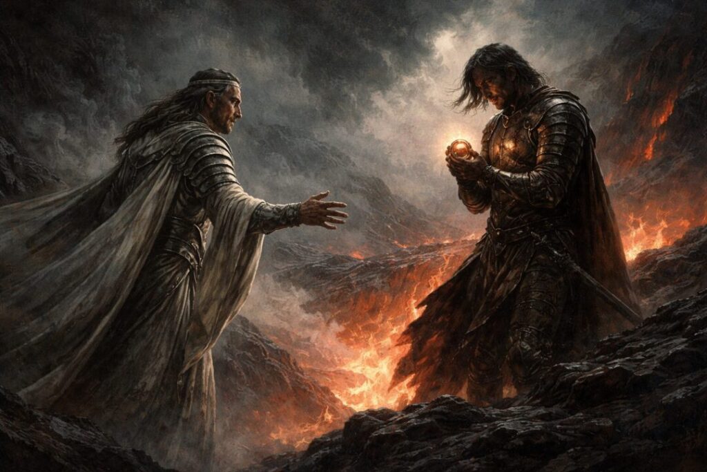 Elrond and Isildur on Mount Doom