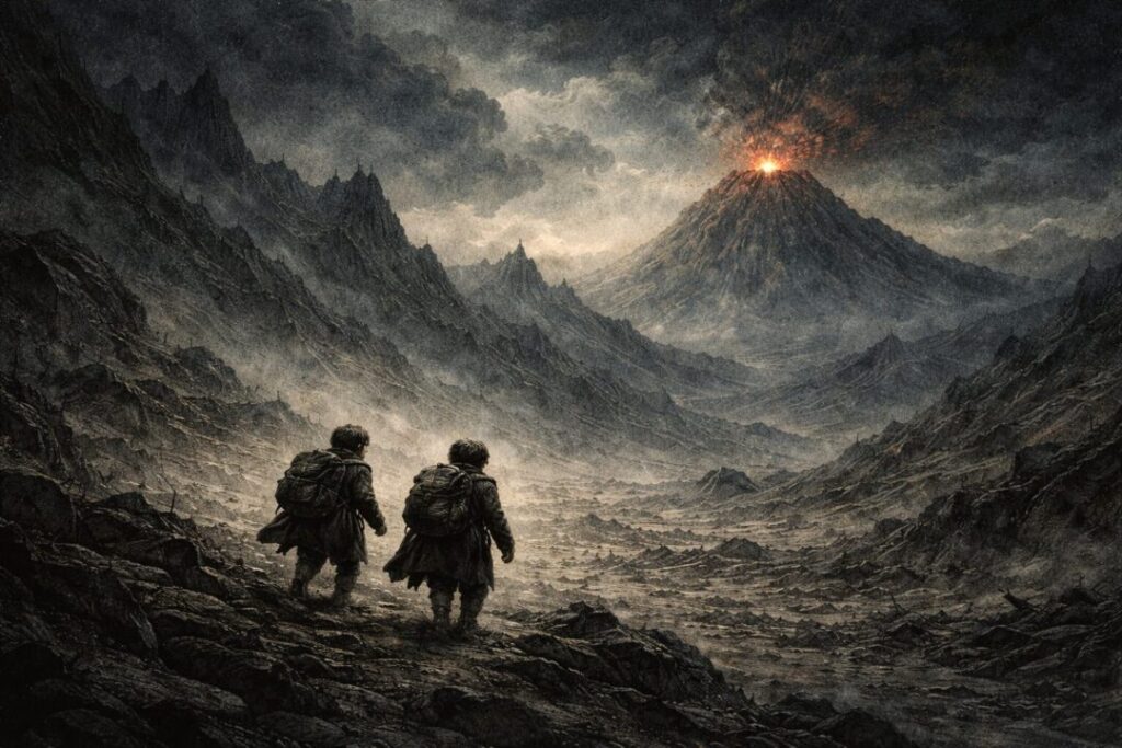 Frodo and Sam unseen in Mordor