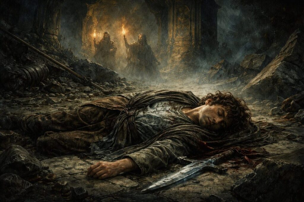 Frodo stabbed in Moria protected by Mihtril