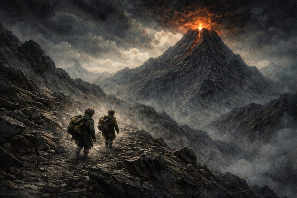 Frodo and Sam approaching Mount Doom
