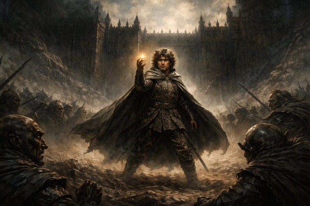 Frodo wears the One Ring at black gate