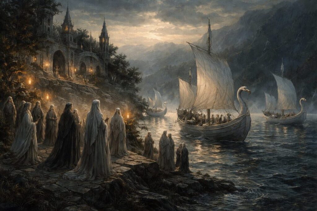 Grey Havens Elves sailing west to Valinor