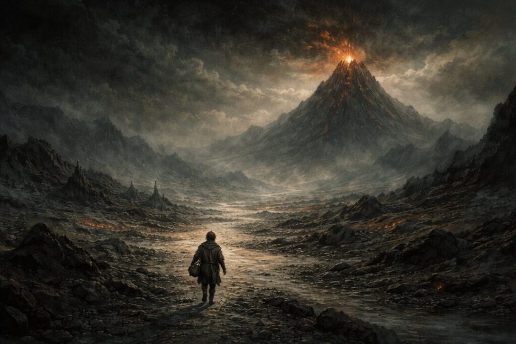 Hobbit walking to Mount Doom