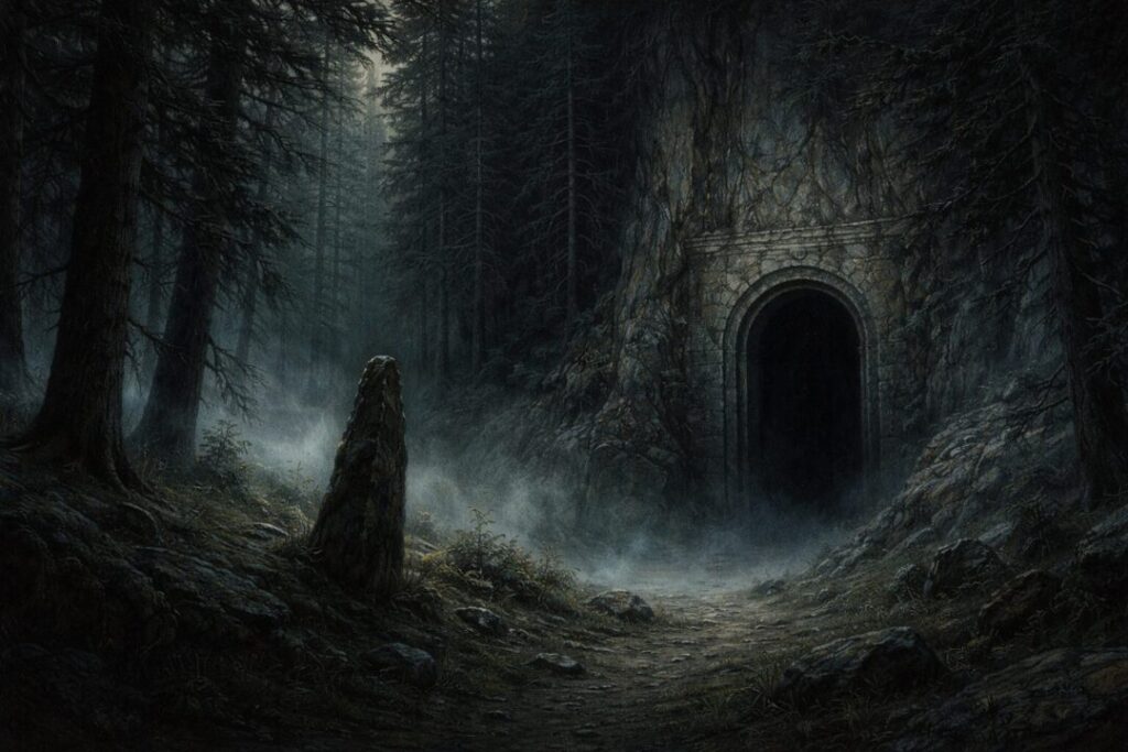 Dark door under Dwimorberg