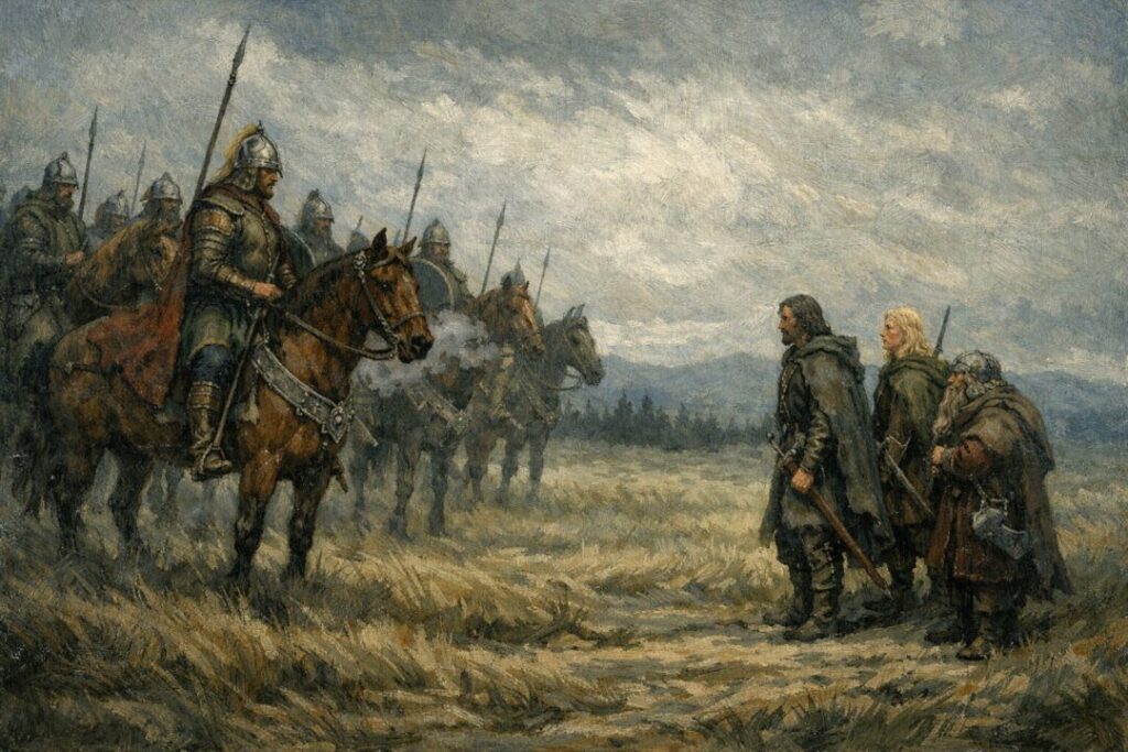 Eomer meets Aragorn Legolas and Gimli