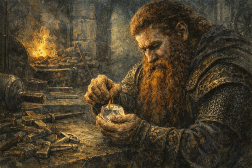 Gimli sets Galadriel hairs in Crystal