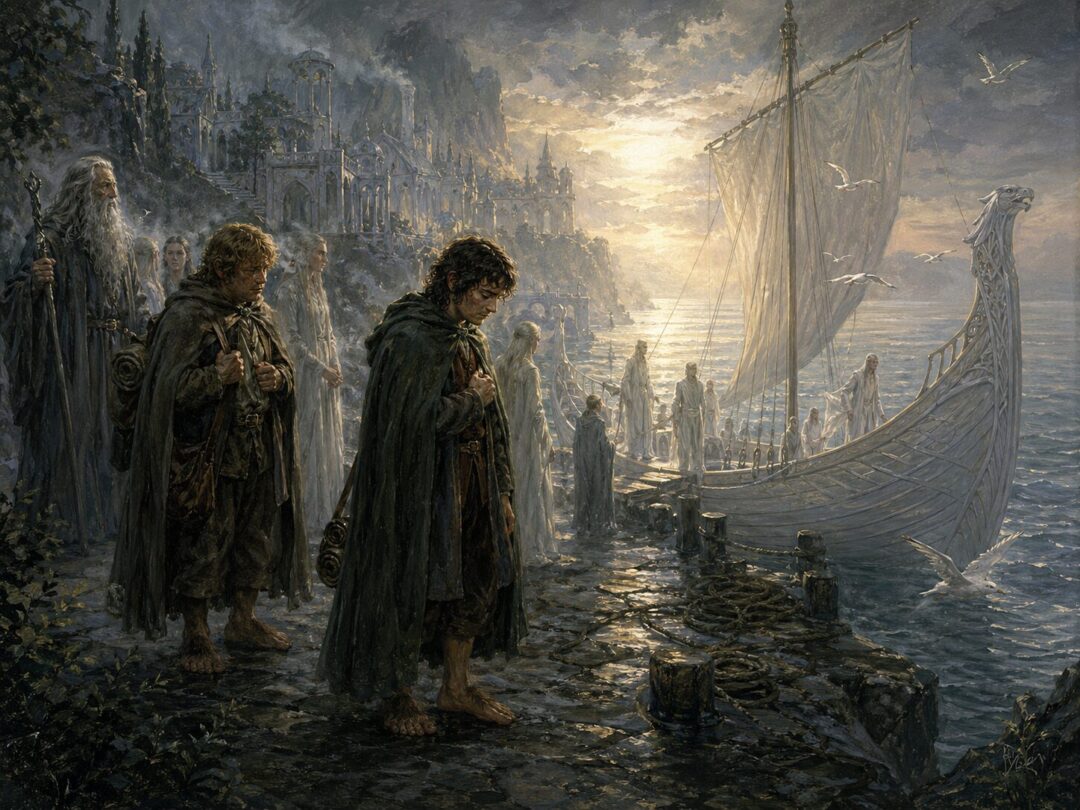 A farewell at the misty harbor