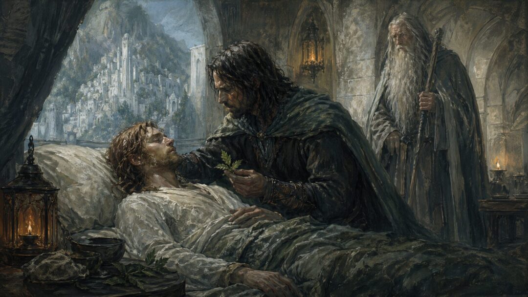 A healer's touch in a dim chamber