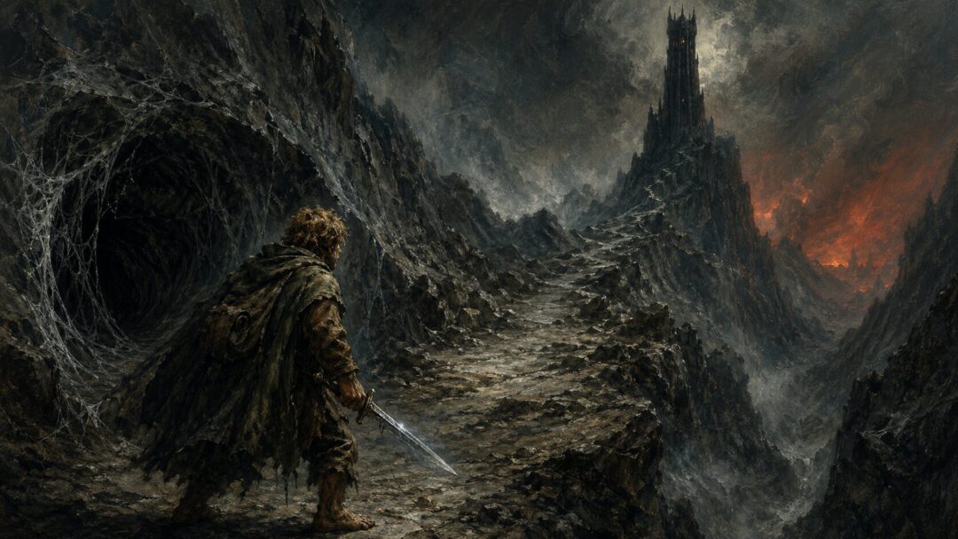 A lone adventurer in a dark pass