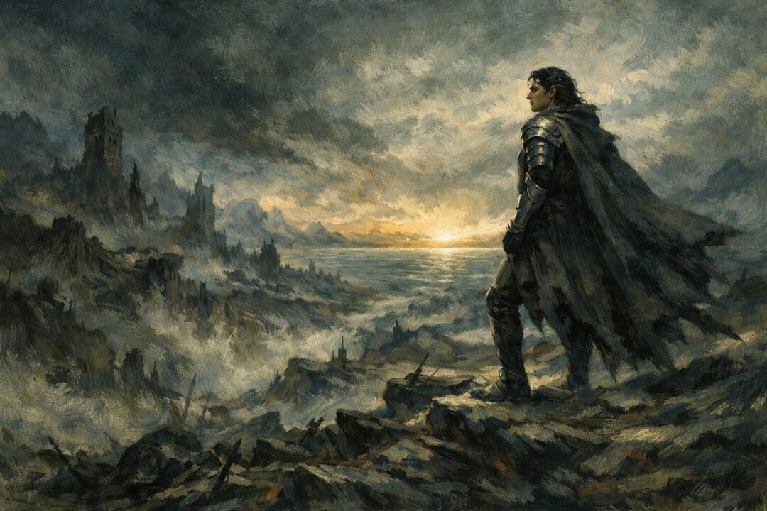 A lone figure in a ruined land