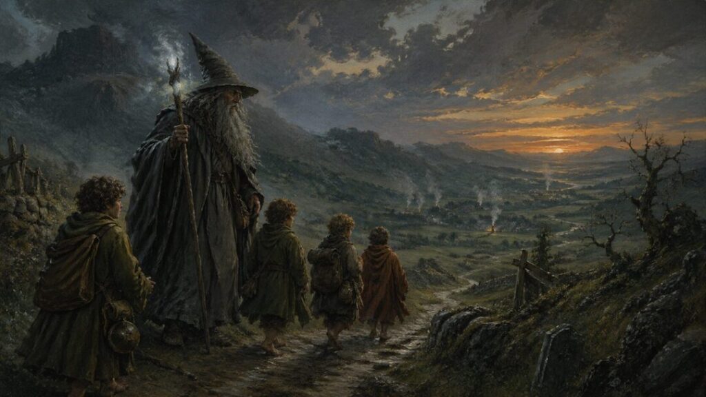 A wizard and hobbits on a journey