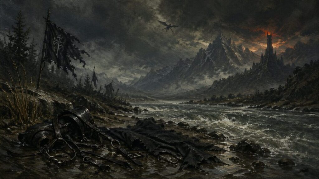 Abandoned battlefield in a stormy valley