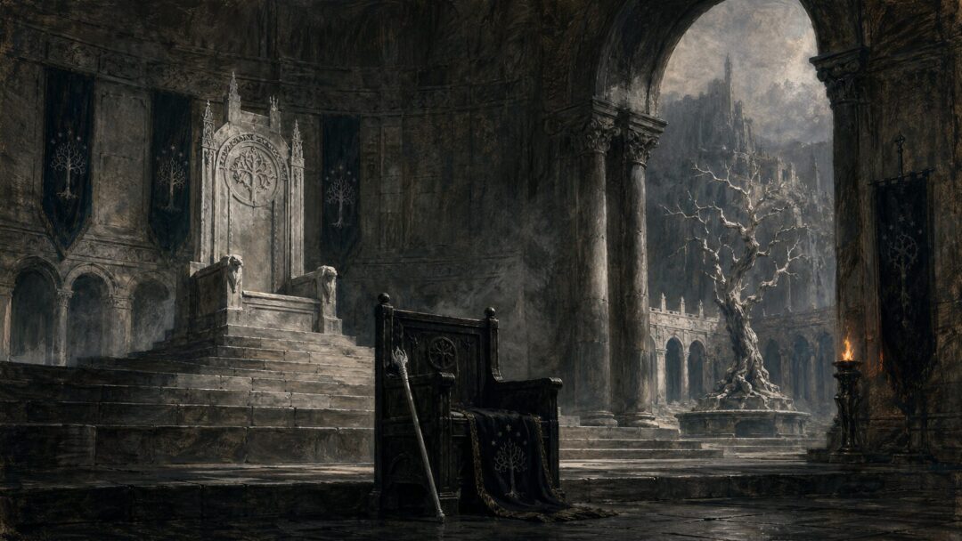Abandoned throne room in misty solitude