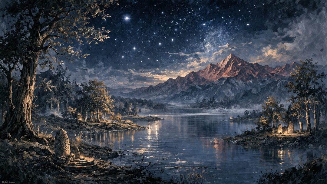 Ancient lake under starry skies