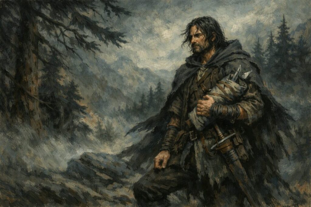 Aragorn in the misty forest