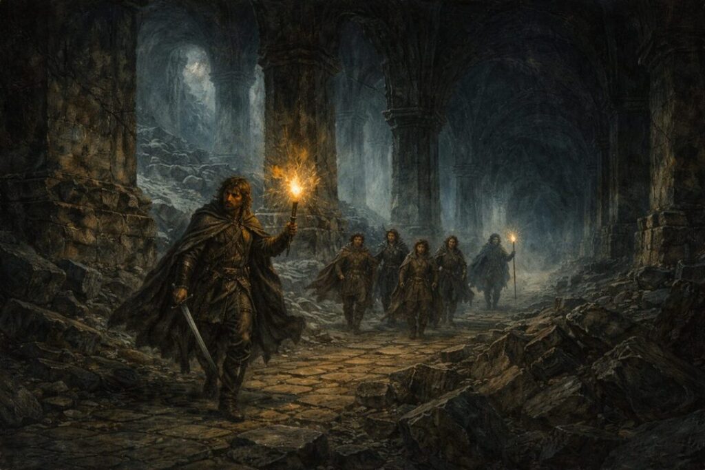 Aragorn leads the Fellowship in Moria
