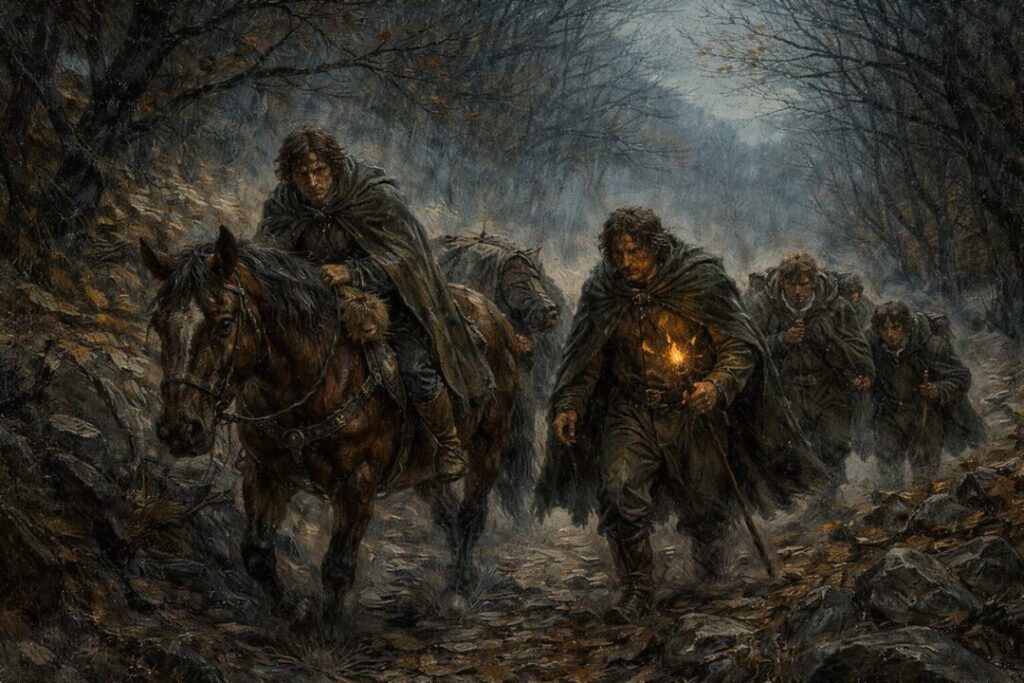 Aragorn leads through the misty forest