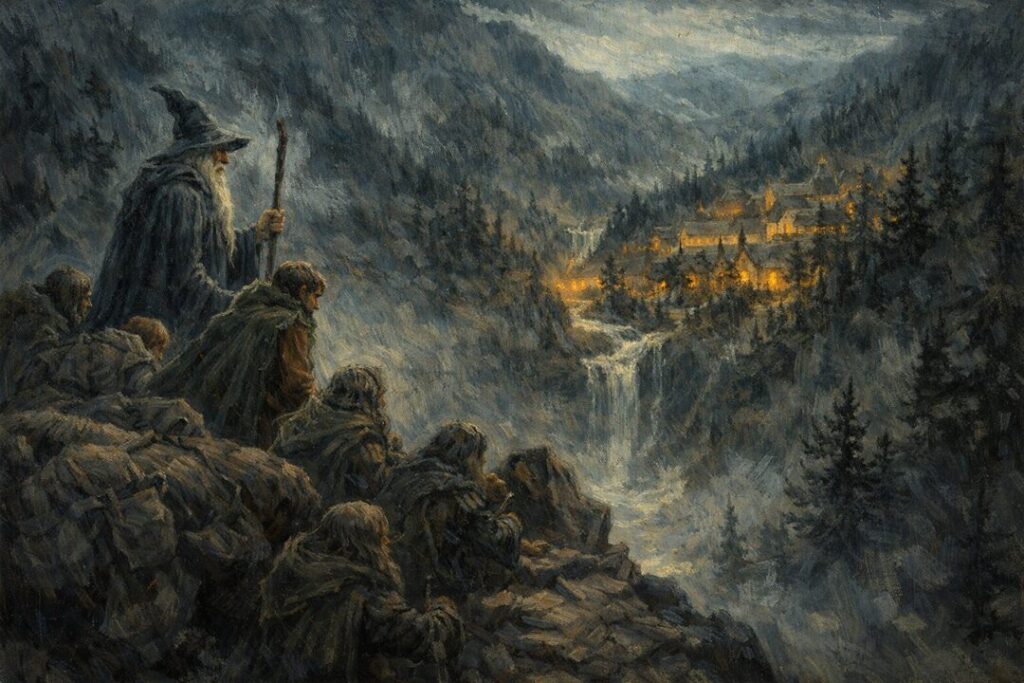 Arrival at Rivendell at twilight