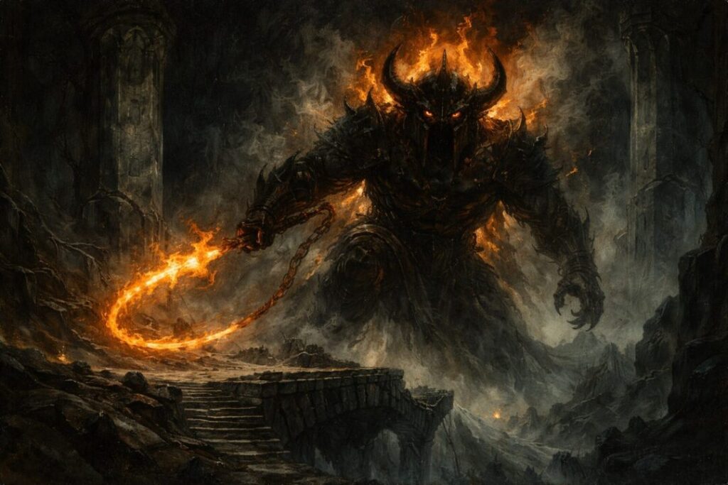 Balrog emerges from Khazad-dûm depths