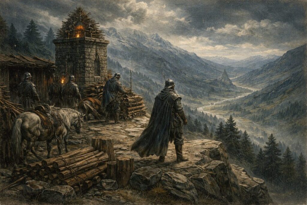 Beacon at twilight above Minas Tirith