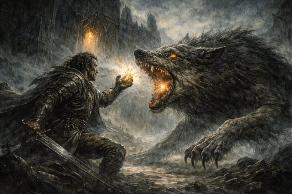 Beren and Carcharoth at Angband gates