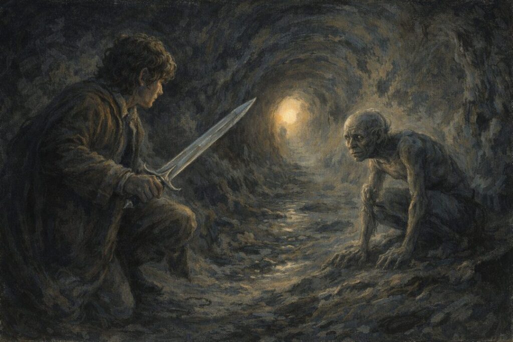 Bilbo and Gollum in the tunnels