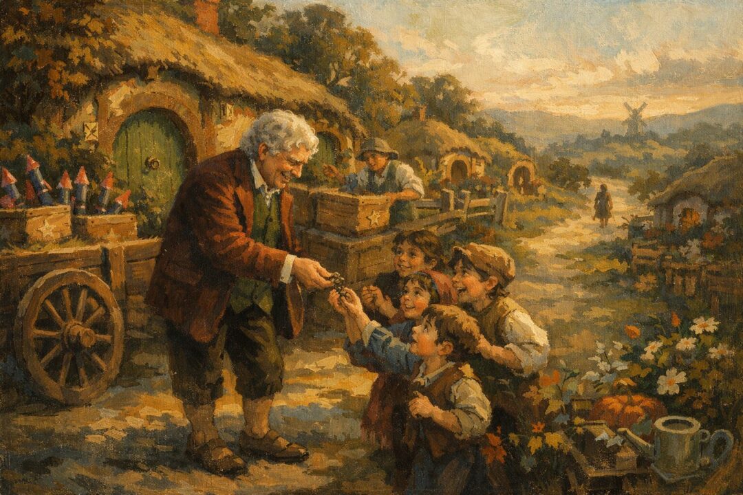 Bilbo and children in the Shire