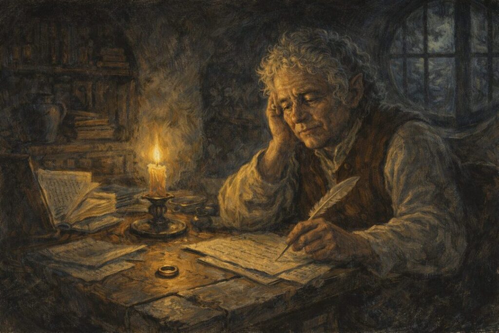 Bilbo at his desk in Bag End