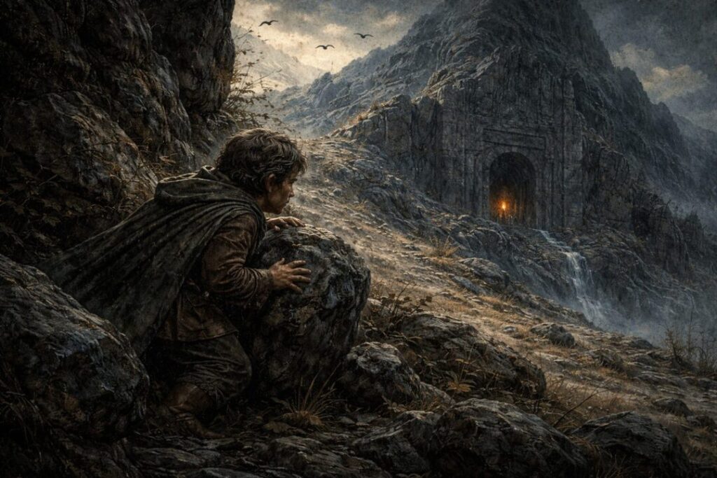 Bilbo at the Lonely Mountain gate