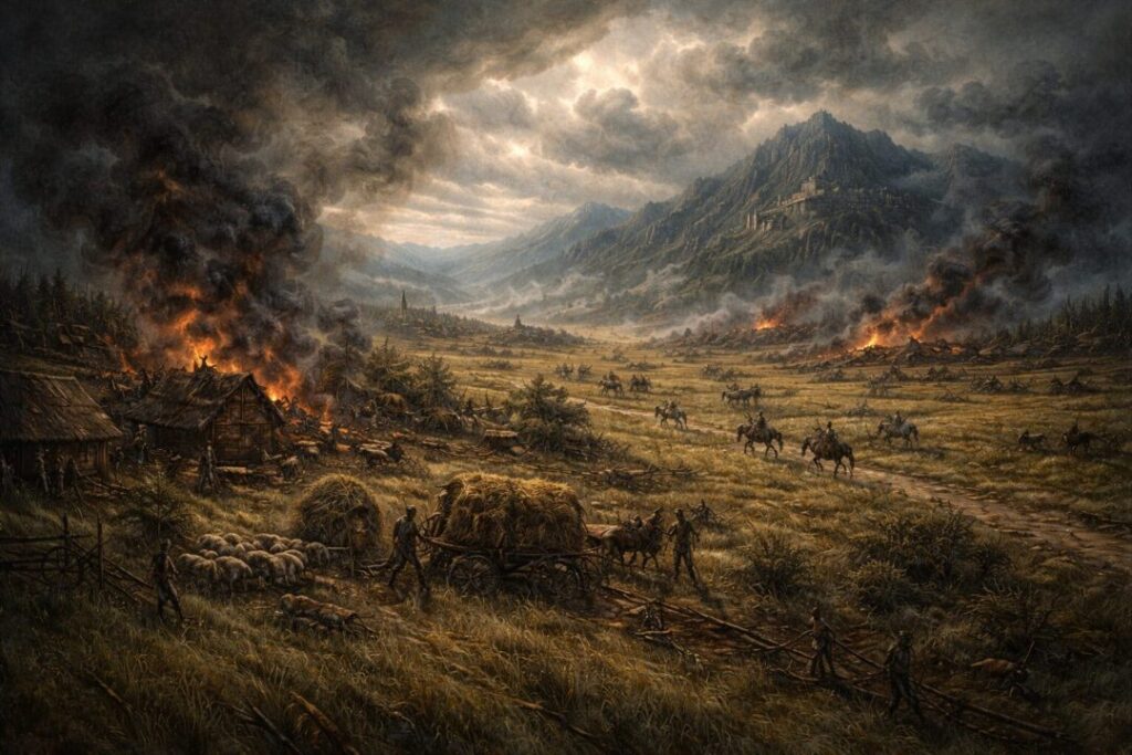 Burning homestead under stormy skies