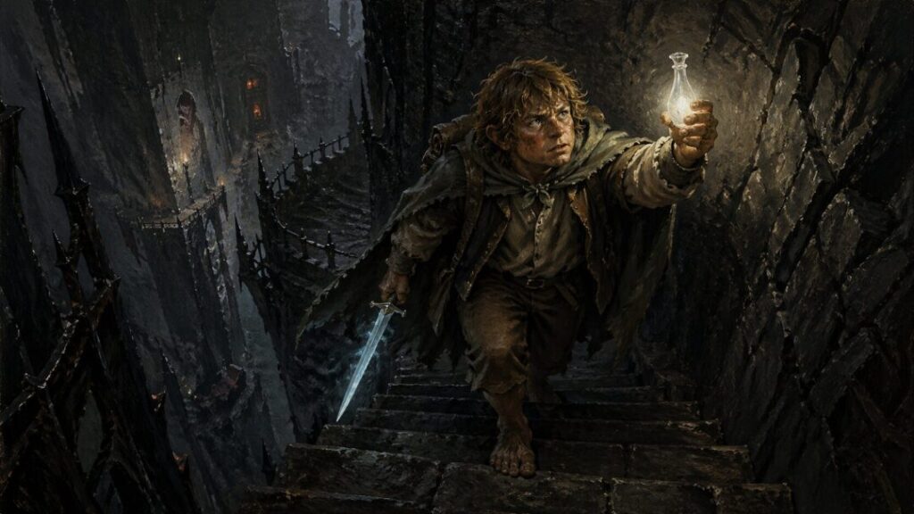 Climbing the dark fortress stairway