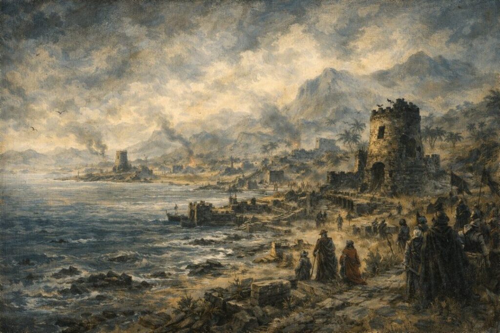 Coastal ruins under a fading sky