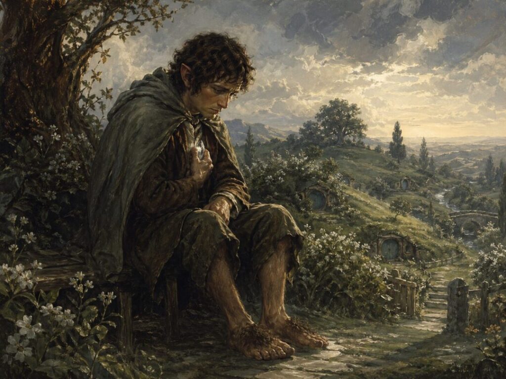 Contemplative figure in a tranquil landscape