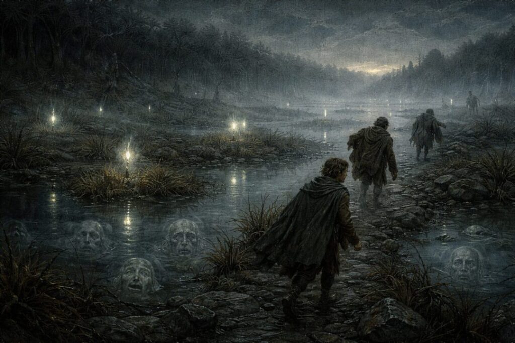 Crossing the eerie Dead Marshes