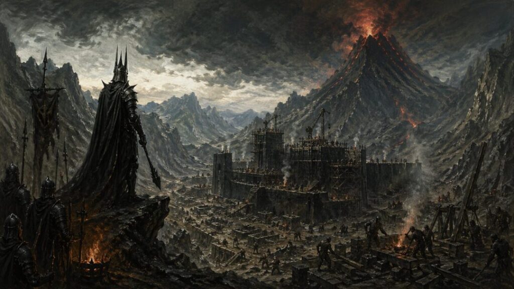 Dark lord overseeing fortress construction
