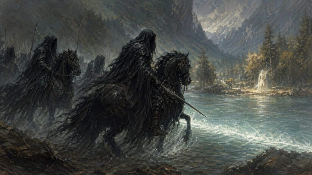 Dark riders at the glowing riverbank